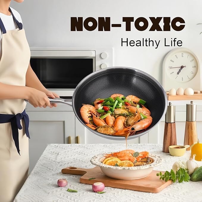 Hybrid Wok, 13 inch Wok with lid,Stainless Steel woks & Stir-fry pans Non Stick, PFOA Free Cookware, Dishwasher and Oven Safe, Compatible With Induction