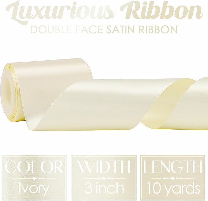 MEEDEE Ivory Satin 3 Inch Ribbon Lux Double Faced Satin Ribbon Wide by 10 Yards Cream Ribbons Ivory Ribbons for Christmas Tree Decoration, Weddings, Flower Bouquet, Bow Making