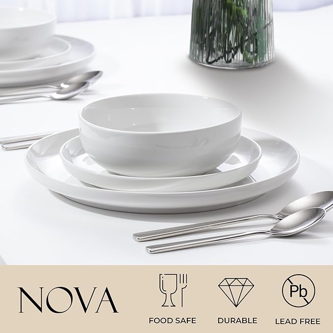 Zulay Kitchen Nova Porcelain Dinnerware Set, Service For 6 - Chip & Scratch Resistant White Plates And Bowls Sets - Microwave & Dishwasher Safe - White