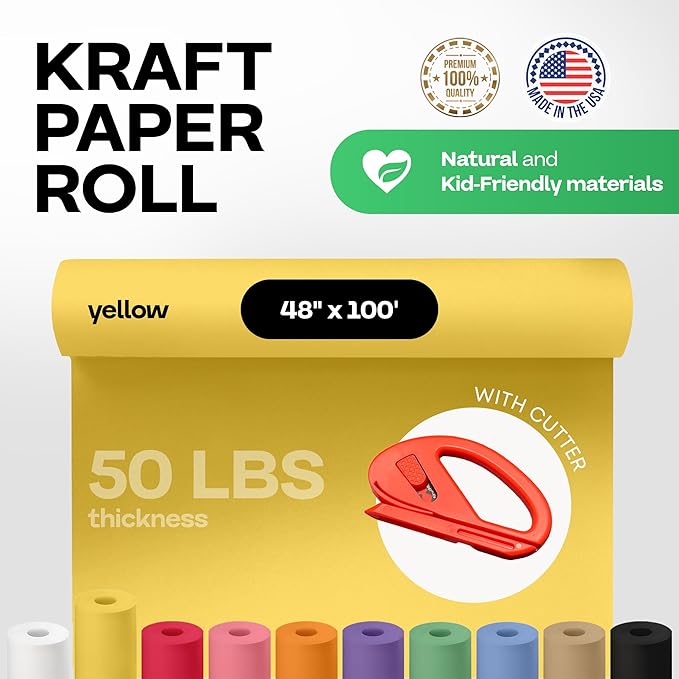Yellow Kraft Paper Roll 48" x 1200" (100 feet) with Cutter - USA-Made Gift Wrapping Paper for Packing, Moving, Shipping & Crafts/Arts - 100% Recyclable Natural Craft Material by IDL Packaging