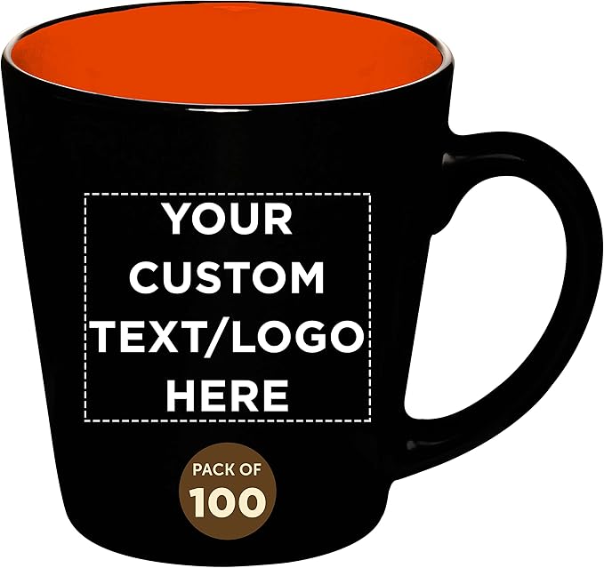 Custom Ceramic Coffee Latte Mugs 12 oz. Set of 100, Personalized Bulk Pack - Perfect for Coffee, Tea, Espresso, Hot Cocoa, Other Beverages - Orange