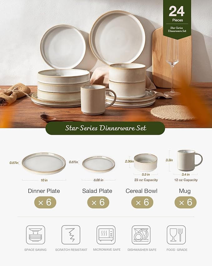 Famiware Star Dinnerware Set with Mugs, Service for 6 (24 Pieces), Ribbed Stoneware Plates and Bowls Dishes Sets - Chip & Scratch Resistant, Microwave & Dishwasher Safe, Cappuccino White