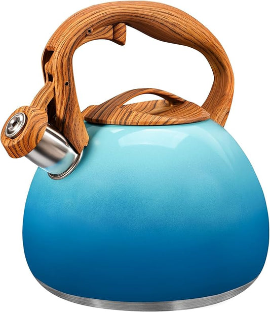 GGC Tea Kettle for Stove Top, 3.1QT/3L Whistling Tea Kettles for Boiling Water Coffee or Milk, Gradient Blue Tea Pot with Wood Parttern Handle, Stainless Steel Tea Pots for Home and Kitchen