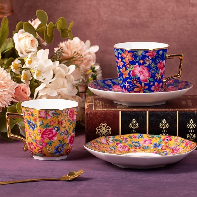 KAMMAK Tea Cups and Saucers Set of 2, Porcelain Coffee Cup with Saucer for Espresso, Cappuccino, 4.5oz Vintage Yellow and Blue Ceramic Novelty Mug for Home, Tea Party, Office