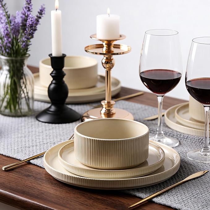 Stoneware Dinnerware Sets, Plates and Bowls Sets for 4, 12-Piece Ribbed Dishes – Chip & Scratch Resistant, Microwave and Dishwasher Safe Tableware, Beige