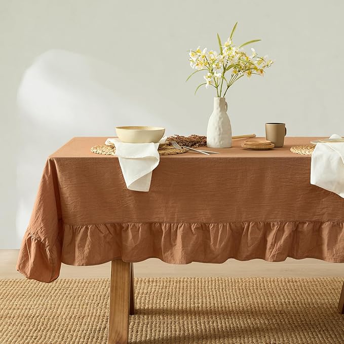 MONDAY MOOSE Ruffle Farmhouse Rustic Rectangle Natural Stonewashed Cotton Tablecloth for Kitchen, Dining Room, Restaurant (55x70 inch, Cinnamon)
