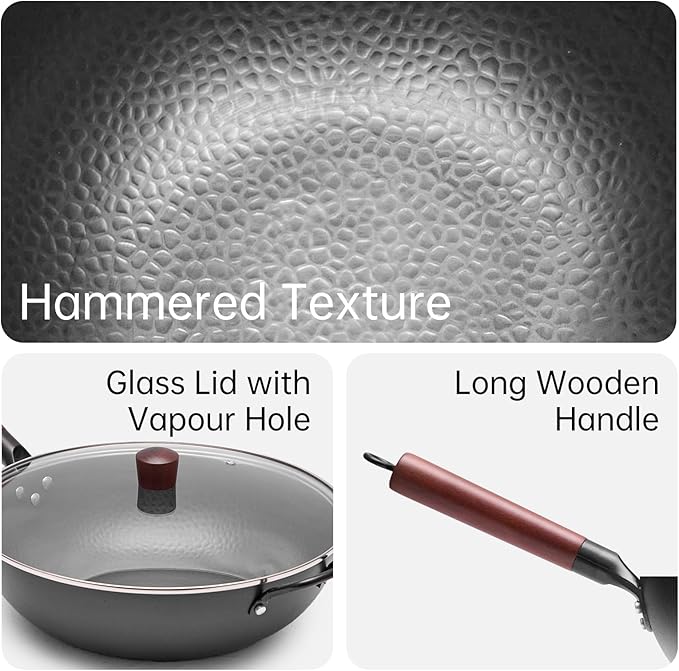 WANGYUANJI Iron Wok,13.4 inch Chinese Craft Wok with Lid Flat Bottom Stir Fry Pan,Chemical-free Wok Pan for All Stoves,Wrought Iron Wok Pure Iron Cookware