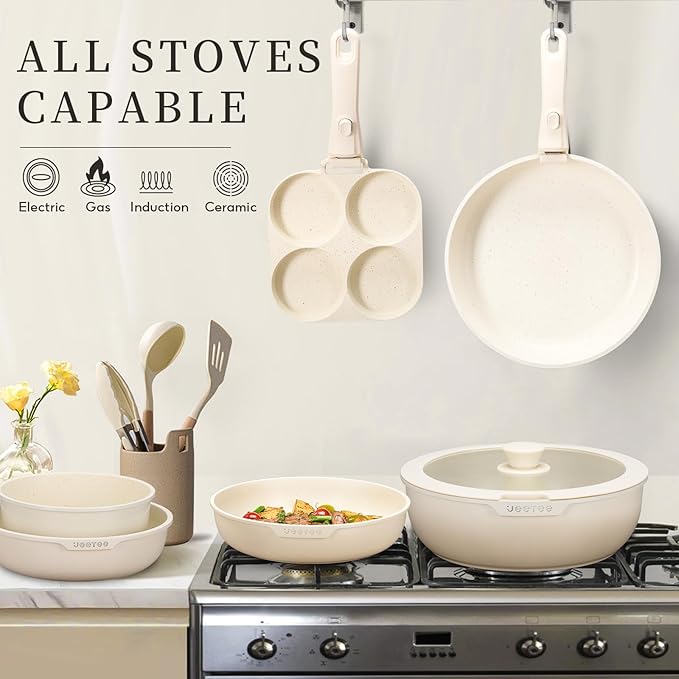 JEETEE Pots and Pan Set Non Stick 20 Pcs, Cookware Set Detachable Handle, RV Kitchen Cooking Set Removable Handles, Stackable Non-stick Set, Oven Safe, Beige