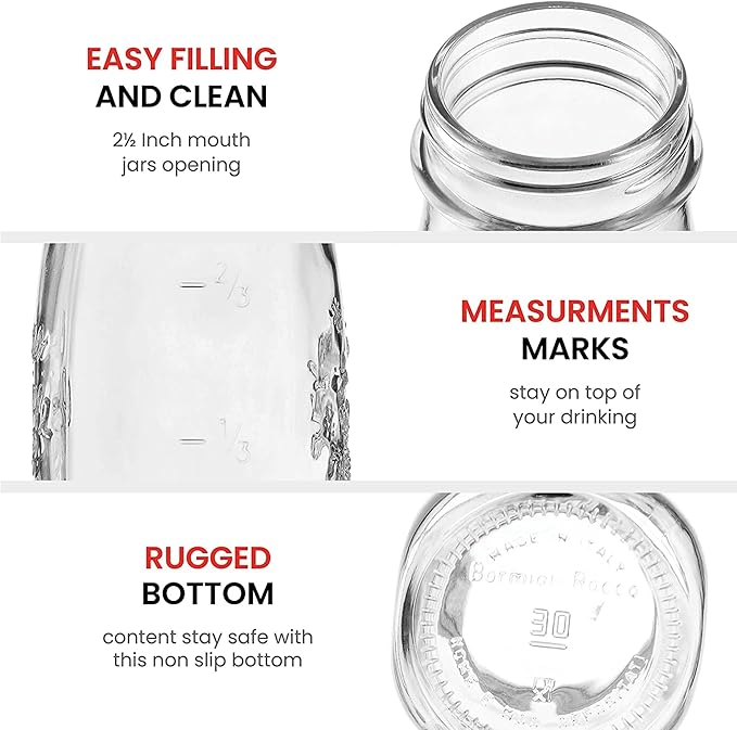 Bormioli Rocco Quattro Stagioni Small Bottles (Set of 6) - 6.75 Oz. Embossed Reusable Glass Jars with Airtight Lid, For Food Prep, Sauces, Gifts & Crafts - Round Bottle Containers, Made in Italy