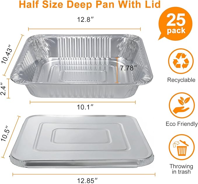 Aluminum Foil Pans Half Size 9x13, Disposable Aluminum Pans Large Baking Pan Trays-Heavy Duty Foil Pans Roasting, Cooking, Heating or Steam (25 pans with lids)