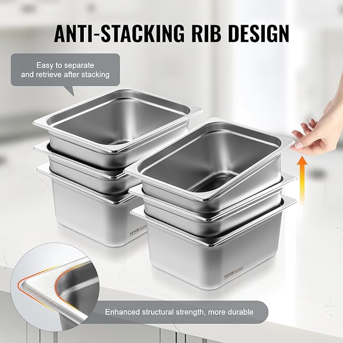 VEVOR 6 Pack Stainless Steel Hotel Pans - 1/2 Size 6-Inch Deep 0.8mm Thick Anti-Jam Commercial Food Pans for Steam Tables, Restaurants, Catering & Industrial Use