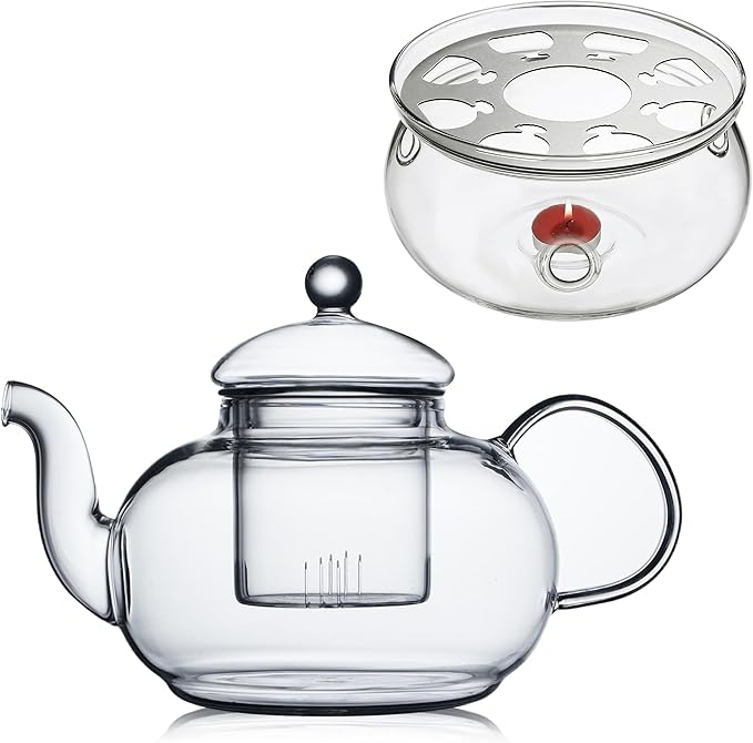CnGlass 33.8oz Glass Teapot with Removable Infuser,Stovetop Safe Tea Kettle with Glass Tea Warmer 5.3 in/13.5cm Diameter