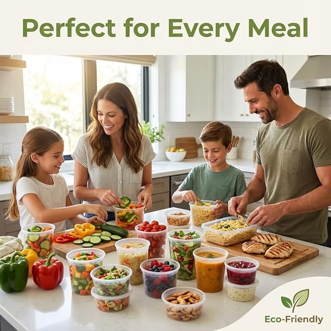 JoyServe Deli Food Containers with Lids - (48 Pack) 16 Sets of Each Size - 8 Oz-Cup / 16 Oz-Pint / 32 Oz-Quart Sizes Food Storage Takeout Meal Prep Storage, BPA-Free, Dishwasher, Microwave Safe