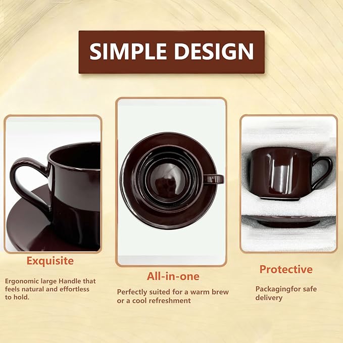 Porcelain 8oz Cappuccino Cup with Saucer - Ceramic Coffee Mug Perfect For Latte&Tea - Microwave and Dishwasher Safe -Tea Cup Sets for Gift,Afternoon Party,Brown