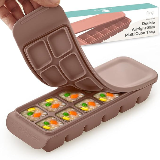 0.7 oz/12 Sections Silicone Ice Cube Freezer Tray with Lid, 100% Food-Grade Platinum Silicone,Leak Resistance & Dishwasher Safe for Baby Food Prep,Breast Milk,Purees - Korean Made, Brown