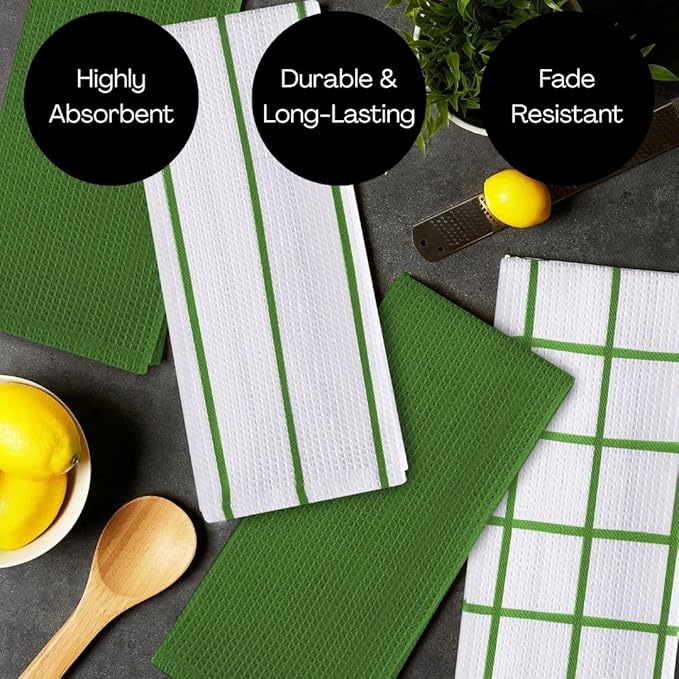 Assorted Waffle Kitchen Dish Towels 100% Cotton Set of 6, Soft Absorbent Quick Drying Table and Kitchen Linen, Tea Towels and Cleaning Towels with Hanging Loop, Dish Towels 15x25 Green