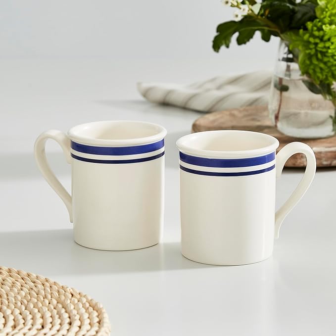 Portmeirion Potter's 9oz Stripe Breakfast Mug (Set of 4) - Elegant Earthenware Tea Mugs with Handle, Microwave, Dishwasher & Freezer Safe - Classic Stripe Design, Ideal Gift for Coffee Lovers (Blue)