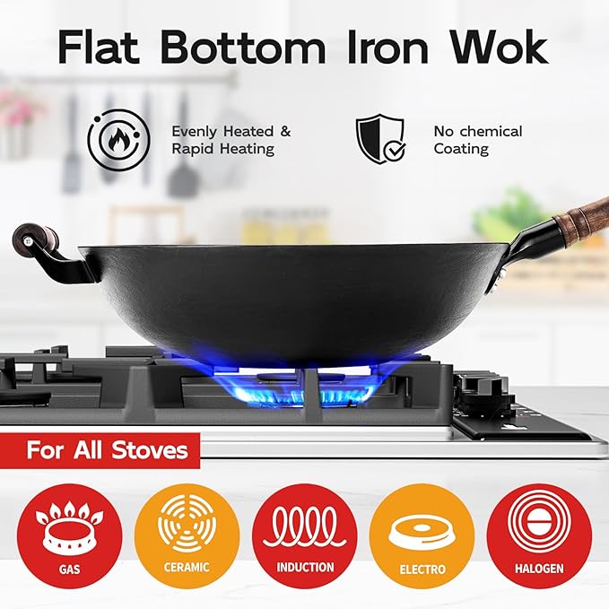 WANGYUANJI 12.6 Inch Iron Wok with Wooden Lid and Spatula, Flat Bottom Chemical-Free Uncoated Stir Fry Pan for Induction, Gas and Electric Stoves