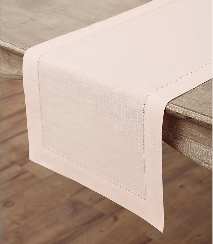 Solino Home Linen Pink Table Runner 36 Inches - Classic Hemstitch, 100% Pure Linen Coffee Table Runner 14 x 36 Inch Ideal for Dresser Tables - Valentines, Spring, Easter