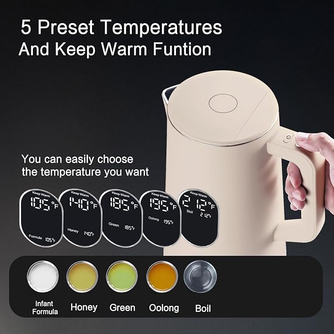 1.5L Electric Kettle Stainless Steel, Double Wall Cool Touch Teapot, Fast Boil,5 Temperature Control, LED Display, Auto Shut-Off,Keep Warm Function,Cream White