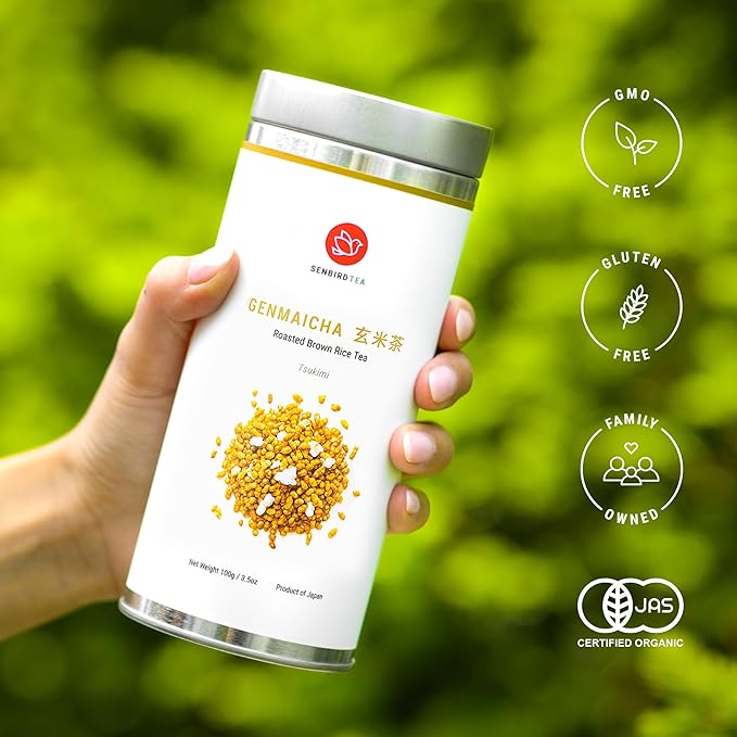 Senbird Premium Genmaicha - Caffeine-Free Japanese Mochi Rice Tea - From Hokkaido, Japan - Herbal Tea in Airtight Tin (3.5oz/100g)