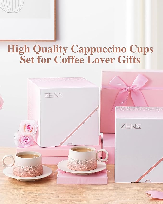 ZENS 7.3 Ounce Cappuccino Cups Set of 2, Artistic Embossed Cappuccino Mug with Saucers, Ceramic Coffee Cups for Double Espresso, Au Lait, Latte or Tea, Coffee Lovers Gifts, Pale Pink