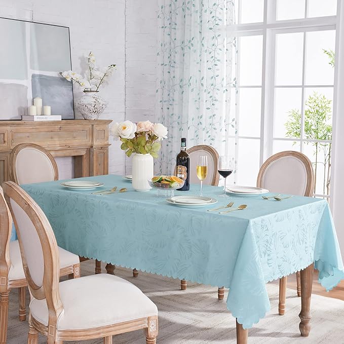 Rectangle Tablecloths 60x102 Inch Waterproof Washable Light Blue Oblong Table Clothes for 6 Foot Tables Leave Pattern Silky Soft Table Covers for Kitchen Dining Birthday Party Picnic