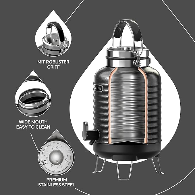 IDEUS Insulated Beverage Dispenser, All-in-one for Camping Vacuum Double-Wall Stainless Steel Water Cooler Coffee Carafe Jug Leakproof Drink Container with Handle, Spigot & Stand (Black, 1,4gal)