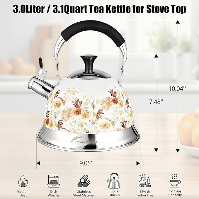 Stainless Steel Whistling Tea Kettle Stovetop - 3.1QT Tea Pot for Stove Top, Vintage Floral Print, Foldable Handle, 304 Stainless Steel Interior Teatop for Tea, Coffee, Party & Gift