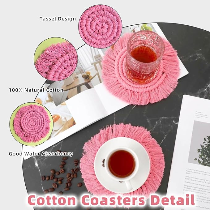 2 PCS Macrame Coasters Handmade Boho Coasters,Woven Absorbent Drink Coaster,Heat Resistant Cotton Coaster for Coffee Table,Desk Kitchen Dining Room Kitchen, Home Decoration (Dark Pink)