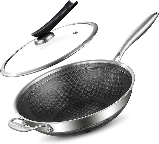 DELARLO Tri-Ply Stainless Steel 12 inch Nonstick wok Pan With Lid,induction Cookware Woks & Stir-Fry Pans,Dishwasher and Oven Safe Up To 650°F