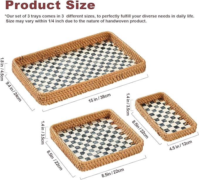 Set of 3 Rectangle Rattan Trays for Decor, Coastal Wicker Serving Tray, Hand-Woven from Natural Rattan with Mother of Pearl Inlay, Boho Woven Decorative Trays for Bathroom Kitchen Counter, Entryway