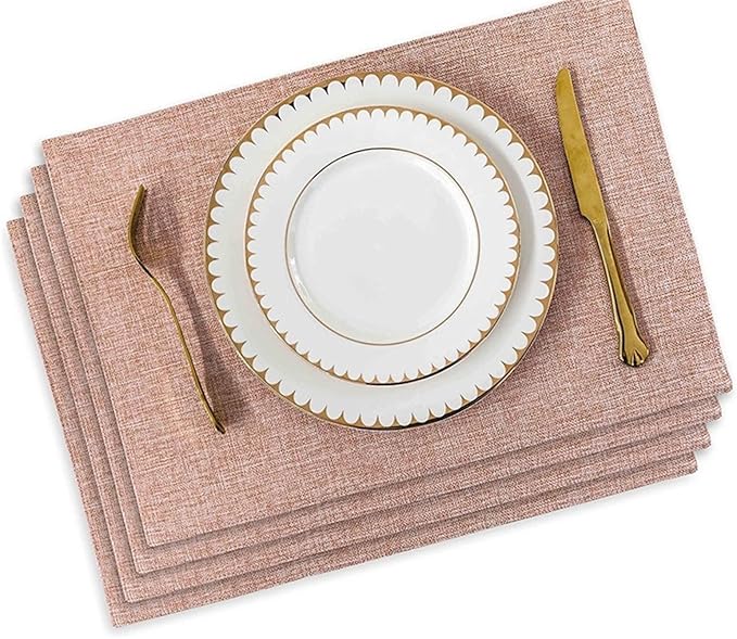 Placemat Set of 4/6 Washable Place Mats Placemats Heat Faux Linen Burlap Placemat for Dining Table Kitchen Table Mats(Pink 4 Pieces)