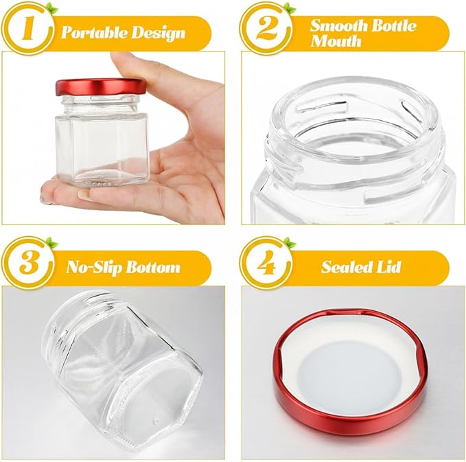 Nuogo 100 Pack 1.5oz Mini Hexagon Glass Jars Bulk for Wedding Small Honey Jars with Lids for Spice Canning Mason Gifts Candy Honey Wedding Party Favors DIY Crafts (Red)