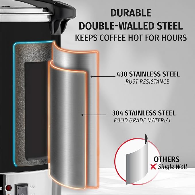 Zulay Kitchen Commercial Grade Coffee Maker Hot Water Urn - Percolator With Double-Wall Stainless Steel, Quick Brew, Stays Hot for Tea & Beverage at Events & Catering - Black - 50 cups