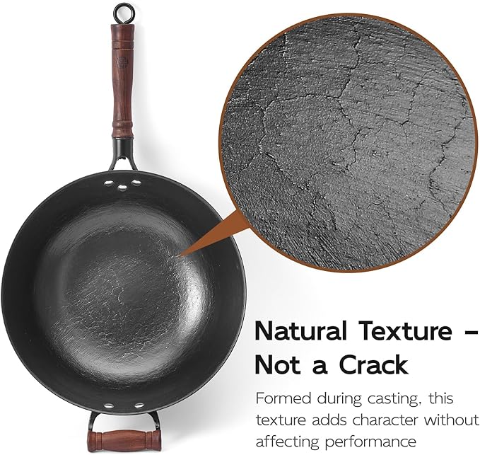 WANGYUANJI 12.6 Inch Iron Wok with Wooden Lid and Spatula, Flat Bottom Chemical-Free Uncoated Stir Fry Pan for Induction, Gas and Electric Stoves