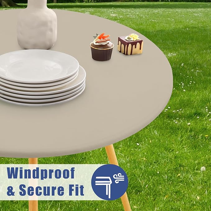 Round Spandex Tablecloth, Elastic Fitted Waterproof Tablecloths for 45"-56" Tables, Stretch Washable Picnic Table Cover for Camping, Dining, Indoor and Outdoor, Taupe