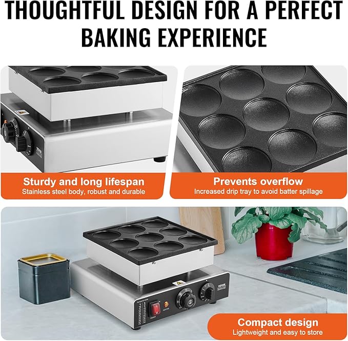 VEVOR Dutch Pancake Maker, 9PCS 76mm Diameter Dorayaki Baker Machine, 850W Commercial Electric Poffertjes Grill, Non-stick Stainless Steel, Temp & Time Control, for Home Kitchen Restaurant Snack Bar