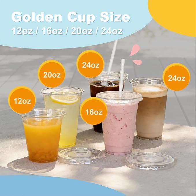 12 oz 100 Pack Disposable Clear Plastic Cups with Lids and Straws, Food Safe Bulk Iced Coffee Cups for Smoothies, Milkshakes and Other Cold Drinks