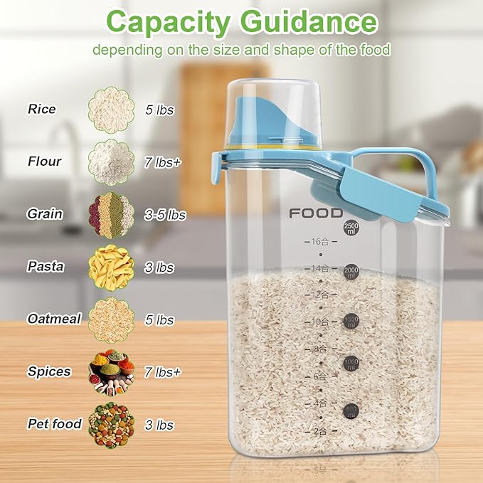 3+6Qt Rice Storage Container Upgraded Large Nozzle BPA-free, With 4 Sealed Clasps, 1 Measuring Cup and Handle for Snacks, Rice, Grains, Flour, Sugar, Pet Food, Etc-Elegant Blue 2Pack