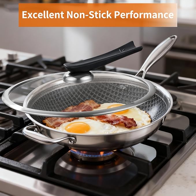 DELARLO Tri-Ply Stainless Steel 12 inch Nonstick wok Pan With Lid,induction Cookware Woks & Stir-Fry Pans,Dishwasher and Oven Safe Up To 650°F