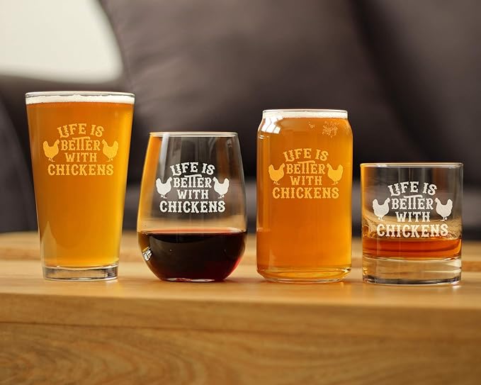 Life is Better with Chickens - Stemless Wine Glass - Unique Chicken Gifts and Decor - Large 17 Ounce