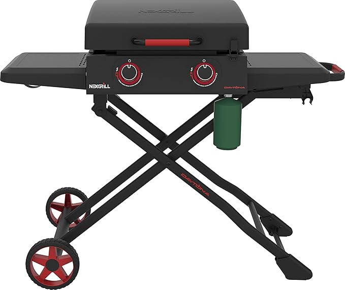 Nexgrill Daytona 2-Burner Propane Flat Top Grill with Foldable Cart – Portable Outdoor Griddle Gas Grill for Camping & Tailgating – 20000 BTUs, 335 SQ. In. Grill for Burgers, BBQ & More - 720-1075B