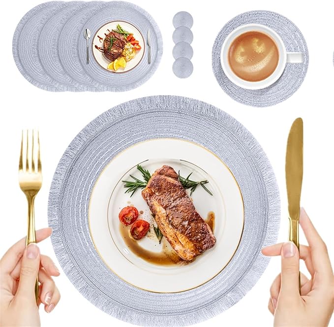 Tassels Round Placemats Set of 4 Braided Boho Mandala 35CM Circle Table Placemats with Coasters for Wedding Holiday Party Decor(Gold,4 Set)