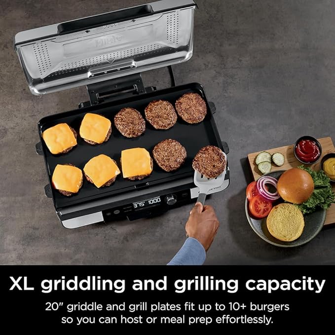 Ninja Sizzle Pro XL 20-Inch Indoor Griddle + Grill, Detachable Ventilated Lid, Grease Control, Ceramic Nonstick Plates, Even Edge-to-Edge Cooking, XL Capacity, Versatile, Silver GX101 (Renewed)