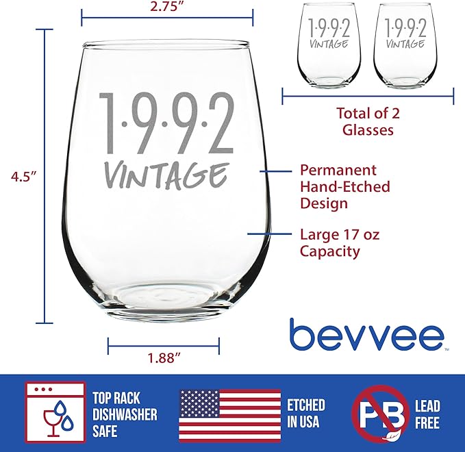 Bevvee Vintage 1992 Stemless Wine Glass - 34th Birthday Gifts for Women & Men Turning 34 - Bday Party Decor - Set of 2 - Large 17 oz