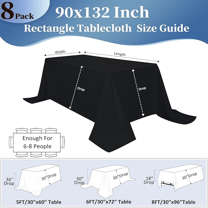8 Pack Black Tablecloths 90x132 Inch Table Cloths for 6 Foot Rectangle Tables, Wrinkle Resistant Washable Rectangular Fabric Table Cover for Dining Wedding Banquet Camping Party