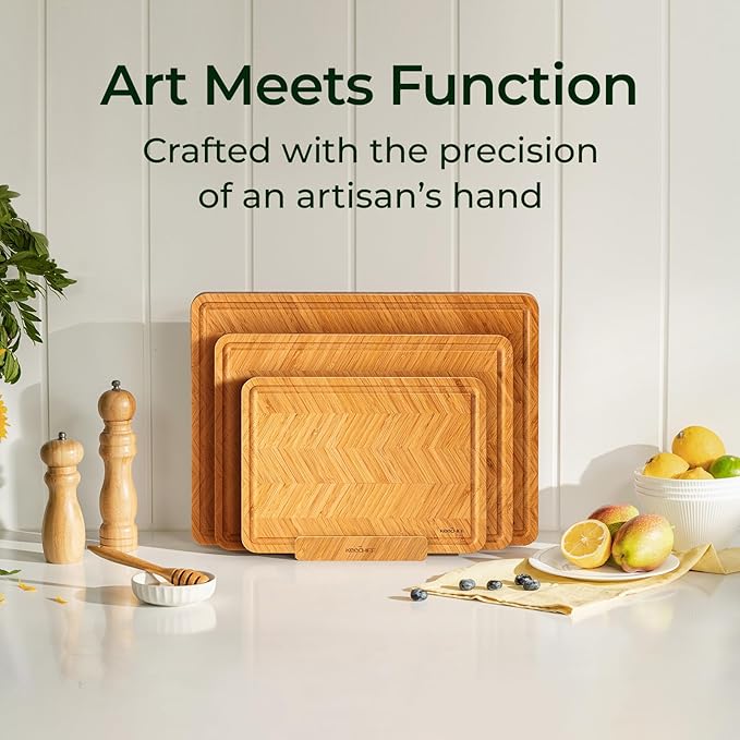 Atelier Collection Bamboo Cutting Board Set of 3, Reversible Wood Chopping Boards for Kitchen with Juice Grooves, Handcrafted Large Serving Tray, Luxury Housewarming Wedding Gifts for New Home