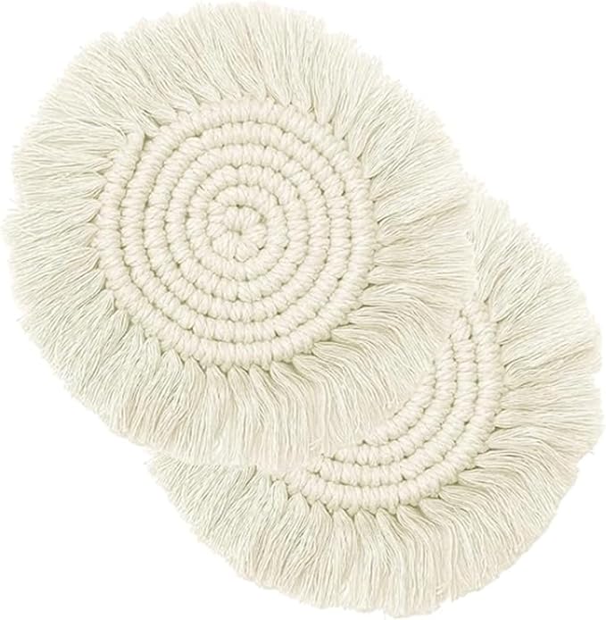 2 PCS Handmade Boho Coasters,100% Cotton Woven Macrame Absorbent Coasters for Drinks,Heat Resistant Office Cotton Coaster for Coffee Table,Desk Kitchen Dining Room Kitchen,Housewarming Gift(