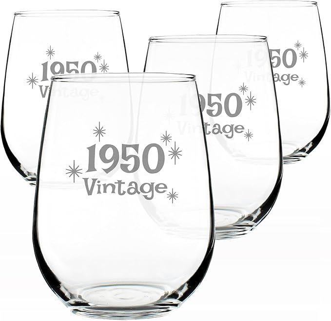 Bevvee Vintage 1950 Stemless Wine Glass - 76th Birthday Gifts for Women & Men Turning 76 - Bday Party Decor - Set of 4 - Large 17 oz